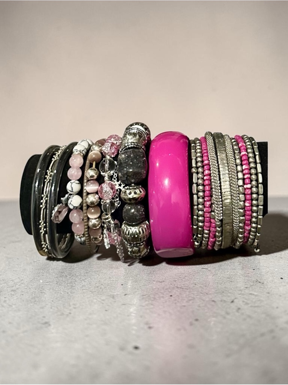 Signature Faith Boho Pink Silver Beaded Bracelet Stack Layered Set OS